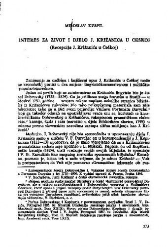 Interes za život i djelo J. Križanića u Češkoj (Recepcija J. Križanića u Češkoj) / Miroslav Kvapil