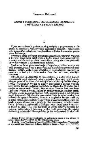 Zadar i osnivanje Jugoslavenske akademije s osvrtom na Franju Račkog / Vjekoslav Maštrović