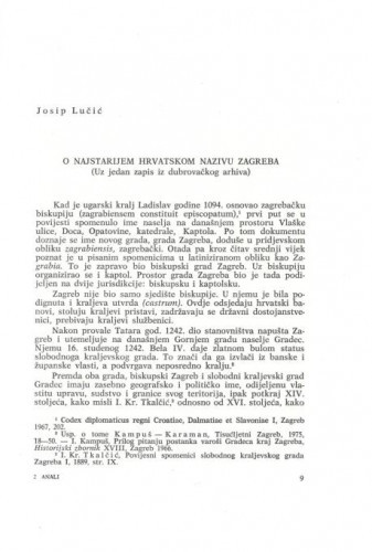 O najstarijem hrvatskom nazivu Zagreba (Uz jedan zapis iz Dubrovačkog arhiva / Josip Lučić