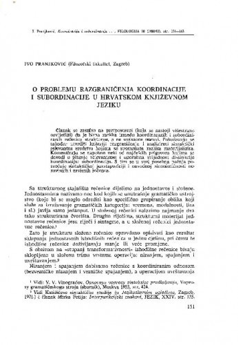 O problemu razgraničenja koordinacije i subordinacije u hrvatskom književnom jeziku / Ivo Pranjković