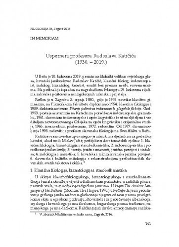 Uspomeni profesora Radoslava Katičića (1930. – 2019.) : in memoriam / Nataša Bašić