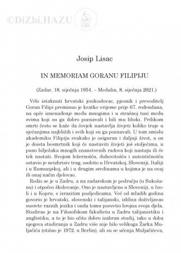 In memoriam Goranu Filipiju : (Zadar, 18. siječnja 1954.-Medulin, 8. siječnja 2021.) / Josip Lisac