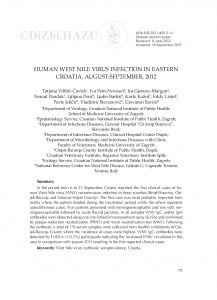 Human West Nile virus infection in eastern Croatia, August-September, 2012 / Tatjana Vilibić-Čavlek, Iva Pem Novosel, Ira Gjenero-Margan, Nenad Pandak, Ljiljana Perić, Ljubo Barbić, Karlo Kožul, Eddy Listeš, Pavle Jeličić, Vladimir Stevanović, Giovanni Savini