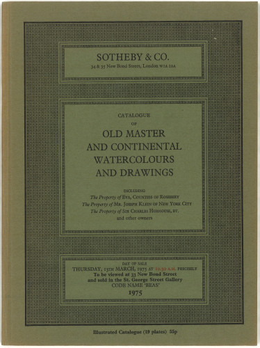 Catalogue of old master and continental watercolours and drawings : including works by Orazio Sammachini, Jacopo Palma Il Giovane, Faustino Bocchi, Domenico Piola, Giacomo Guardi, Giovanni Paolo Panini, Gaspar van Wittel called Vanvitelli, Ludovico Gimignani, Antonio Senape, Pietro Novelli called Il Monrealese, Jean-Baptiste Pillement, Jean-Honore Fragonard, Hubert Robert, Joseph-Louis Clerisseau, Eustache Le Sueur, Charles Errard, Jacob Philippe Hackert, Pieter Scheemakers the Younger, Frans Boudewyns, Henri-Joseph Harpignies, Horace Vernet, Paul Pascal, Herman Frederick Carl Ten Kate, Jan Hendrik Weissenbruch, Johannes Karel Leurs, Bernard De Hoog, Martino Del Don, Johann Hendrik Prins, Filippo Indoni, Eugene Galien-Laloue, Charles Chaplin, Eugene Lami and Mariano Fortuny y Carbo : day of sale, Thursday, 13th March, 1975  / Sotheby & Co.