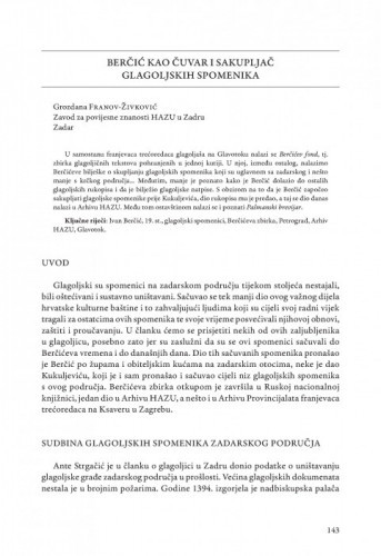 Berčić kao čuvar i sakupljač glagoljskih spomenika / Grozdana Franov-Živković