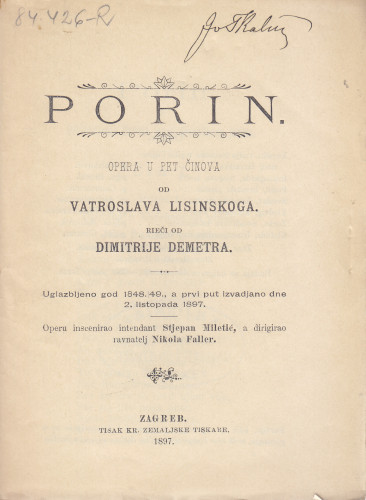 Porin / opera u pet činova od Vatroslava Lisinskoga, rieči od Dimitrije Demetra