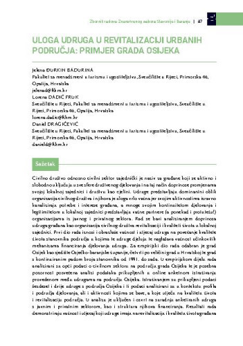 Uloga udruga u revitalizaciji urbanih područja: primjer grada Osijeka / Jelena Đurkin Badurina, Lorena Dadić Fruk, Daniel Dragičević 