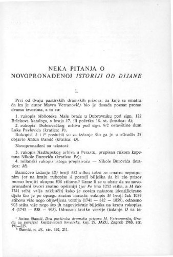 Neka pitanja o novopronađenoj Istoriji od Dijane / J. Vončina