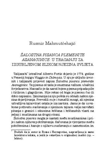 Žalostna pisanca plemenite Asanaginice: u traganju za izgubljenom slikom njezina svijeta / Rusmir Mahmutćehajić