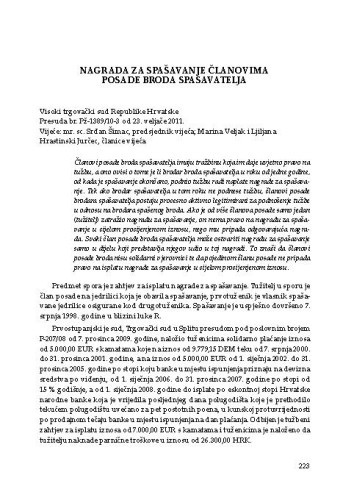 Nagrada za spašavanje članovima posade broda spašavatelja : Visoki trgovački sud Republike Hrvatske, presuda br. Pž-1389/10-3 od 23. veljače 2011. : [prikaz] / Vesna Skorupan Wolff