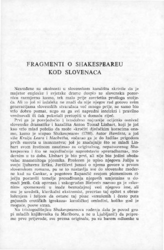Fragmenti o Shakespeareu kod Slovenaca / D. Moravec ; preveo Branimir Žganjer