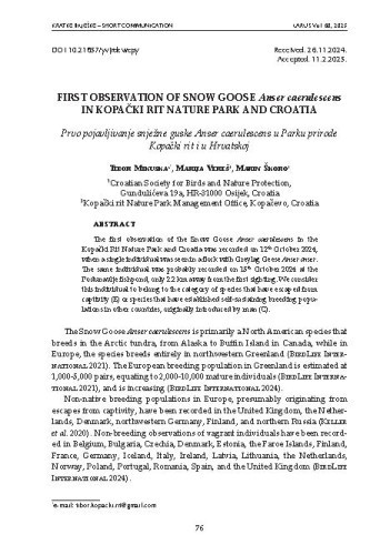 First observation of Snow Goose Anser caerulescens in Kopacki Rit Nature Park and Croatia : [kratke bilješke] / Tibor Mikuska, Marija Vereš, Marin Škoro