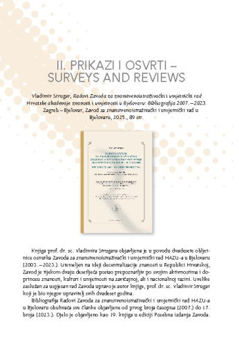 Vladimir Strugar, Radovi Zavoda za znanstvenoistraživački i umjetnički rad Hrvatske akademije znanosti i umjetnosti u Bjelovaru: Bibliografija 2007. – 2023. Zagreb – Bjelovar, Zavod za znanstvenoistraživački i umjetnički rad u Bjelovaru, 2025. : [prikaz] / Zorka Renić