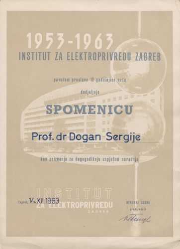 Spomenica Instituta za elektroprivredu Zagreb prof. dr. Sergiju Doganu