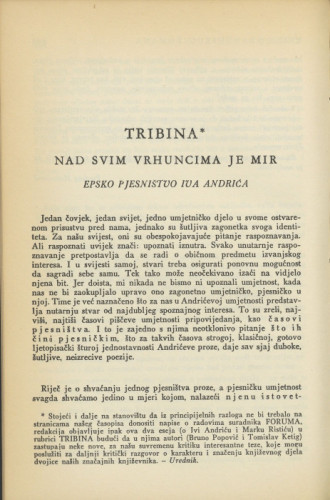 Nad svim vrhuncima je mir : tribina : epsko pjesnišvo Iva Andrića / B. Popović
