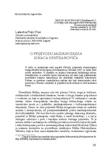 O prijevodu Mudrih izreka Ignaca Kristijanovića / Lahorka Plejić Poje