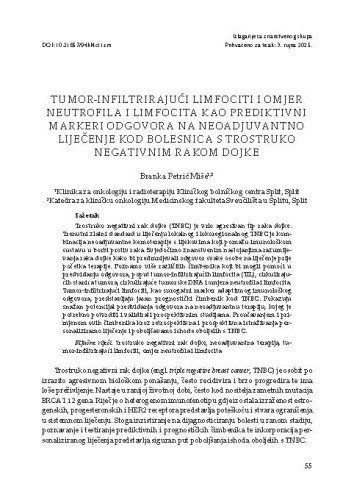 Tumor-infiltrirajući limfociti i omjer neutrofila i limfocita kao prediktivni markeri odgovora na neoadjuvantno liječenje kod bolesnica s trostruko negativnim rakom dojke / Branka Petrić Miše