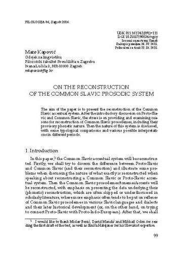 On the Reconstruction of the Common Slavic Prosodic System / Mate Kapović