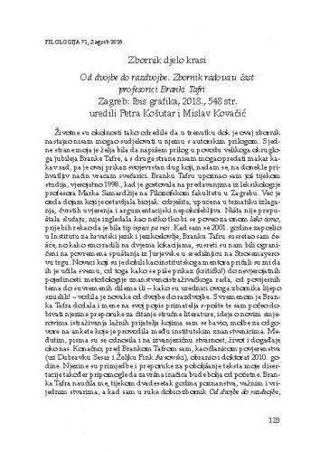 Zbornik djelo krasi : Od dvojbe do razdvojbe. Zbornik radova u čast profesorici Branki Tafri. Zagreb: Ibis grafika, 2018., uredili Petra Košutar i Mislav Kovačić : [prikaz] / Kristian Lewis