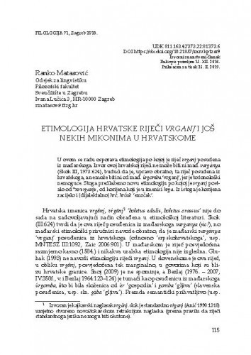 Etimologija hrvatske riječi vrganj i još nekih mikonima u hrvatskome / Ranko Matasović