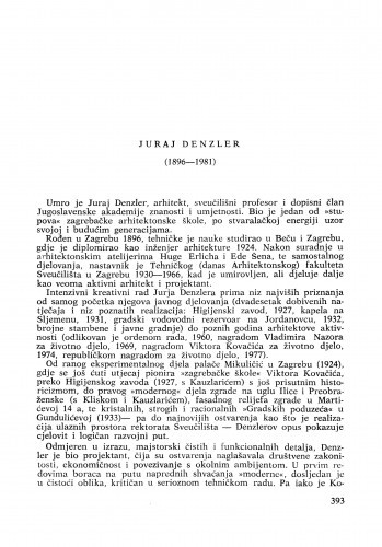Juraj Denzler (1896-1981) : [komemoracija i nekrolozi] / S. Sekulić-Gvozdanović