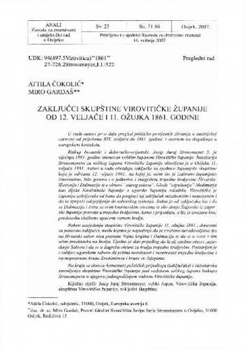 Zaključci skupštine Virovitičke županije od 12. veljače i 11. ožujka 1861. godine / Attila Čokolić, Miro Gardaš