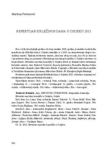 Repertoar Krležinih dana u Osijeku 2013. : [prilog] / Martina Petranović
