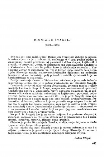 Dionizije Švagelj (1923-1985) : [nekrolozi] / Dušan Klepac