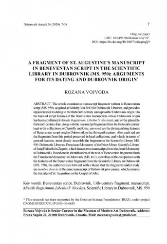 A Fragment of St. Augustine’s Manuscript in Beneventan Script in the Scientific Library in Dubrovnik (MS. 950): Arguments for its Dating and Dubrovnik Origin / Rozana Vojvoda