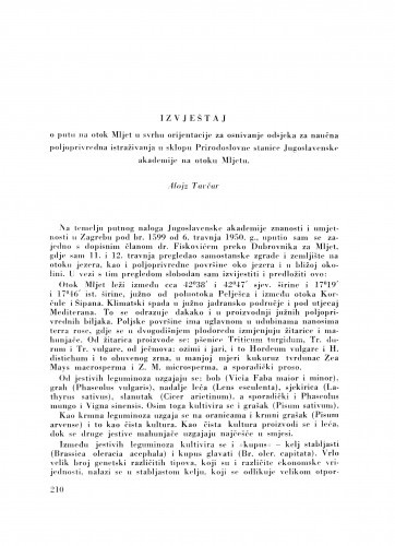 Izvještaj o putu na otok Mljet u svrhu orijentacije za osnivanje odsjeka za naučna poljoprivredna istraživanja u sklopu Prirodoslovne stanice Jugoslavenske akademije na otoku Mljetu / A. Tavčar