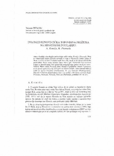 Dva paleolingvistička toponimna prežitka na hrvatskom insulariju : A. Komiža; B. Premuda / Valentin Putanec