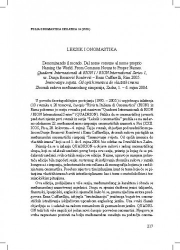 Denominando il mondo. Dal  nome comune al nome proprio = Naming the World. From common nouns to proper names = Imenovanje svijeta. Od općih imenica do vlastitih imena / Barbara Vodanović