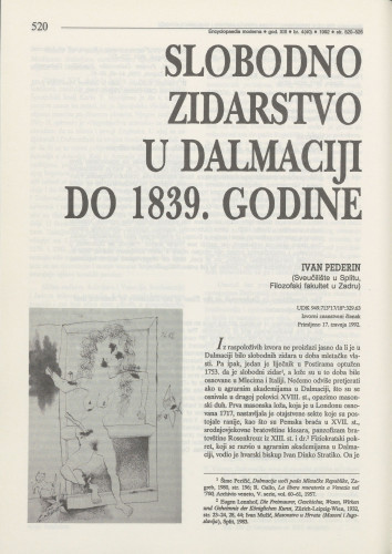 Slobodno zidarstvo u Dalmaciji do 1839. godine / Ivan Pederin