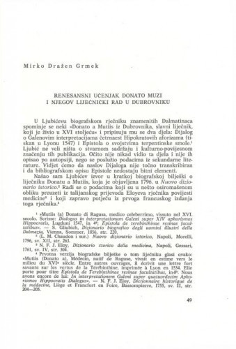 Renesansni učenjak Donato Muzi i njegov liječnički rad  u Dubrovniku / Mirko Dražen Grmek