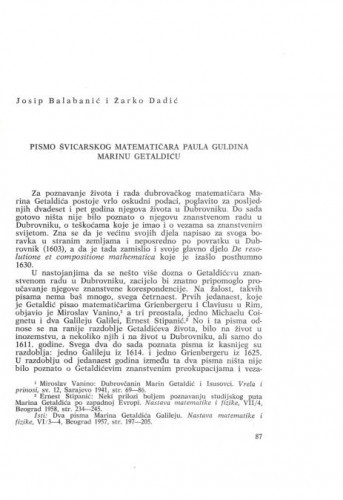 Pismo švicarskog matematičara Paula Guldina Marinu Getaldiću / Josip Balabanić i Žarko Dadić