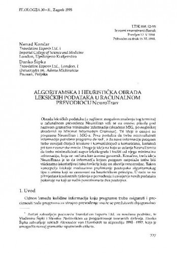 Algoritamska i heuristička obrada leksičkih podataka u računalnom prevodiocu NeuroTran / Nenad Končar, Danko Šipka