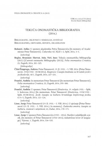 Tekuća onomastička bibliografija (2014.) / Branimir Brgles, Joža Horvat, Ines Virč