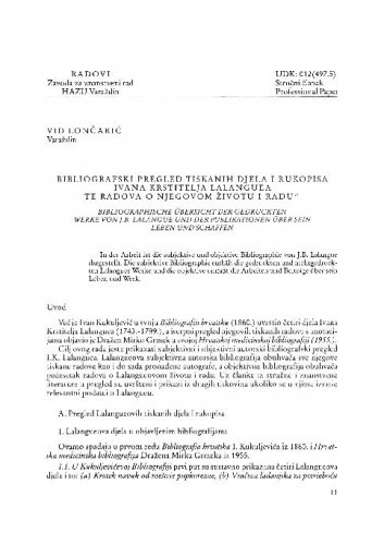 Bibliografski pregled tiskanih djela i rukopisa I. K. Lalanguea te radovi o njegovom životu i radu / Vid Lončarić