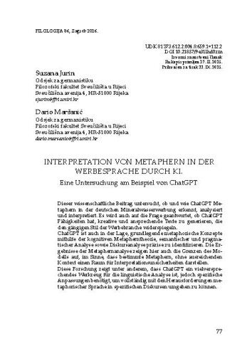 Interpretation von Metaphern in der Werbesprache durch ki : eine Untersuchung am Beispiel von ChatGPT / Suzana Jurin, Dario Maršanić