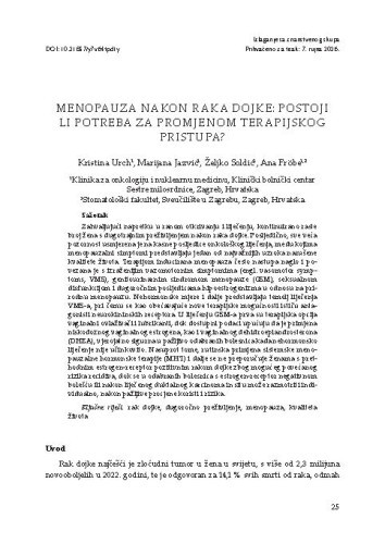 Menopauza nakon raka dojke: postoji li potreba za promjenom terapijskog pristupa? / Kristina Urch, Marijana Jazvić, Željko Soldić, Ana Fröbe