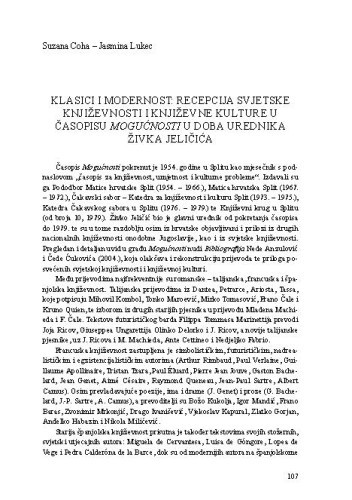 Klasici i modernost: recepcija svjetske književnosti i književne kulture u časopisu Mogućnosti u doba urednika Živka Jeličića / Suzana Coha, Jasmina Lukec
