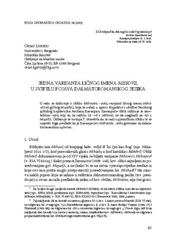 Jedna varijanta ličnog imena Mihovil u svjetlu pojava dalmatoromanskog jezika / Orsat Ligorio