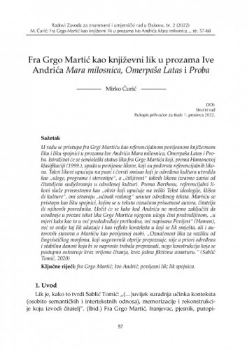 Fra Grgo Martić kao književni lik u prozama Ive Andrića Mara milosnica, Omerpaša Latas i Proba / Mirko Ćurić