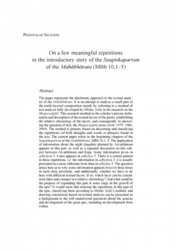 On a few meaningful repetitions in the introductory story of the Sauptikaparvan of the Mahābhārata (MBh 10,1–5) / Przemysław Szczurek