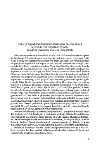 Govor predsjednika Akademije Zvonka Kusića u povodu 150. obljetnice osnutka Hrvatske akademije znanosti i umjetnosti / Zvonko Kusić