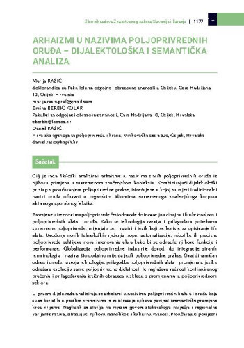 Arhaizmi u nazivima poljoprivrednih oruđa - dijalektološka i semantička analiza / Marija Rašić, Emina Berbić Kolar, Daniel Rašić