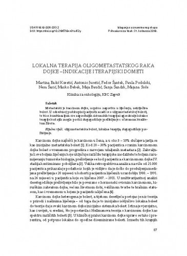 Lokalna terapija oligometastatskog raka dojke – indikacije i terapijski dometi / Martina Bašić Koretić, Antonio Juretić, Fedor Šantek, Paula Podolski, Nera Šarić, Marko Bebek, Maja Baučić, Sanja Šandrk, Majana Soče