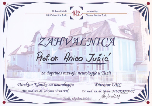 Zahvalnica Univerzitetskog kliničkog centra Tuzla Anici Jušić 
