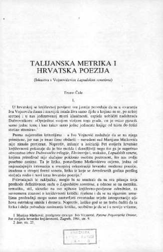 Talijanska metrika i hrvatska poezija : iskustva s Vojnovićevim Lapadskim sonetima / Frano Čale