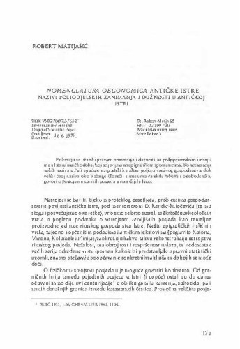 Nomenclatura oeconomica antičke Istre : nazivi poljodjelskih zanimanja i dužnosti u antičkoj Istri / Robert Matijašić
